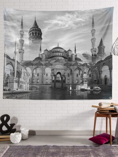 Wandtuch / Tapesserie – Blaue Moschee in schwarz-weiß